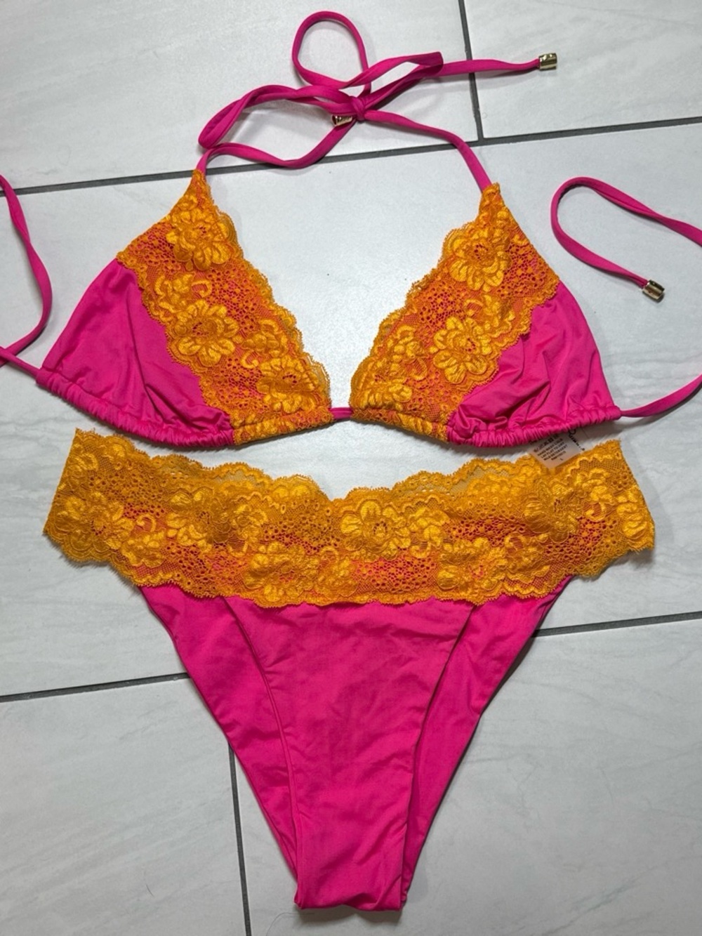 Beach Bunny Hot Pink Bikini with Orange Lace Accents